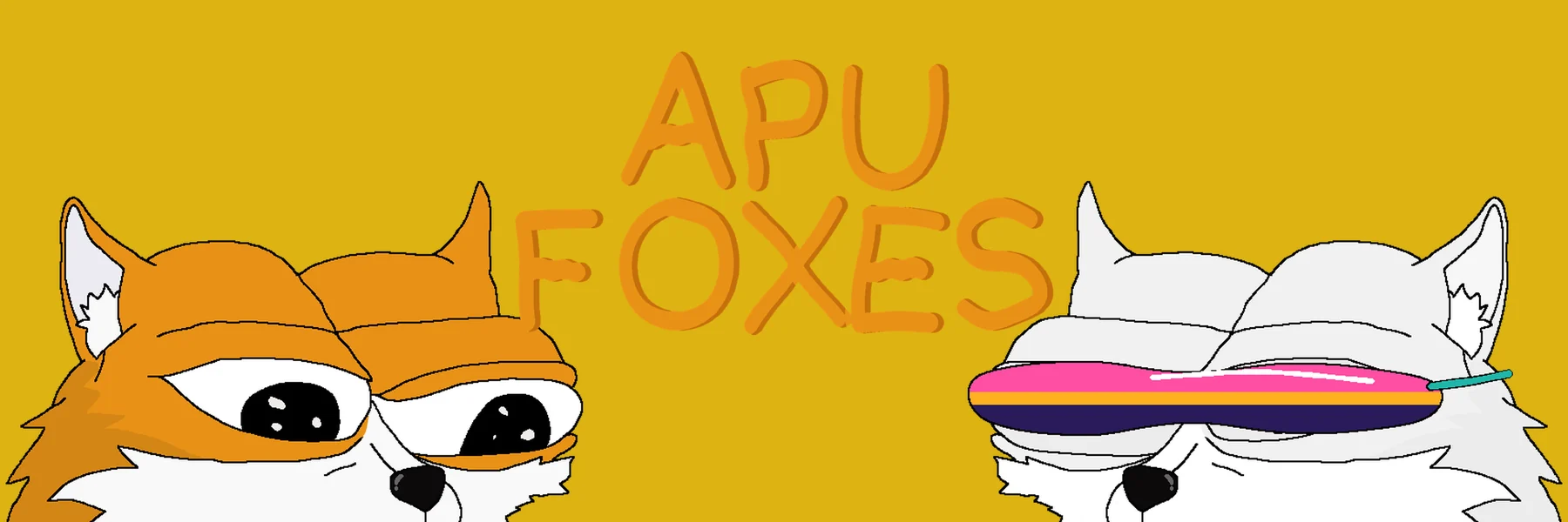 Two giant foxes peeking up from the bottom corners, an orange one and a white one in shades, with the APU FOXES wordmark between them